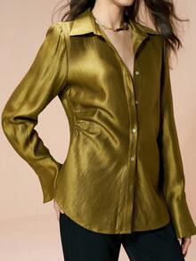 Arave Women's Shirt, Satin Textured Fabric, Fitted Design, Lapel Collar, Shell Buttons, Slightly Flared Long Cuffs, Metallic Sheen. Elegant For Dates, Everyday Commutes. Luxury Women's Blouses. - Mustard Yellow - View 5