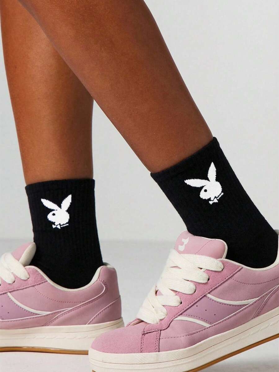 Missguided x Playboy 女士兔子标志船袜，黑色，趣味卡通印花，中筒袜，休闲日常穿着 - 黑色 - 查看 1