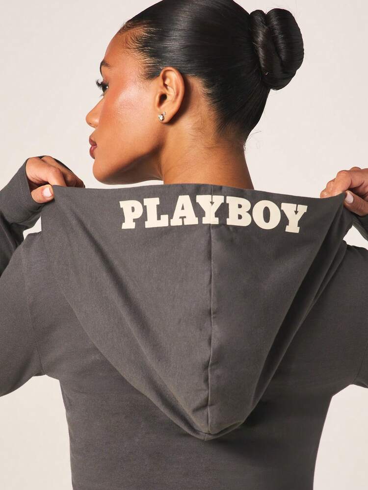 Missguided x Playboy Damen Kapuzen-Langarm Grafik Crop Top mit Logo Muster, Streetwear Lässig Pullover Hoodie für Herbst und Winter