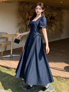 FRIFUL 女士休闲花瓣袖交叉系带腰部牛仔连衣裙，春夏款 - 藍色 - 查看 8