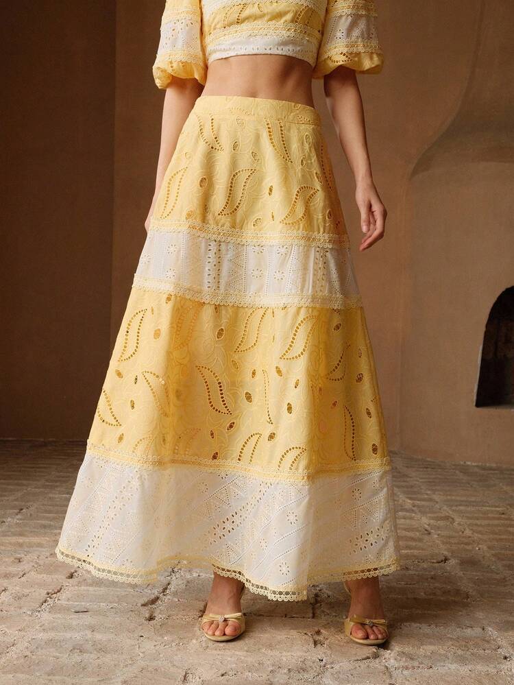Women's Spring/Summer New Mother's Day Vacation Style White & Yellow Patchwork Textured Embroidered A-Line Maxi Skirt