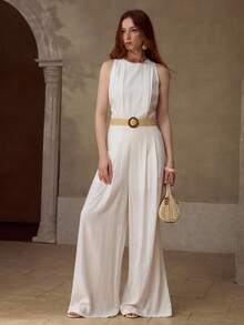 MOTF PREMIUM WOMEN'S SLEEVELESS COTTON LINEN BLEND JUMPSUIT, CASUAL, DATE, VACATION - Beige - View 5