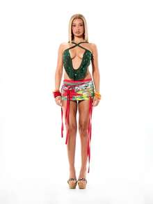 SUMWON WOMEN Emerald Green Sequined Halter Neck Cross Strap Backless Cowl Front Plunge Knit Party Top - Green - View 5