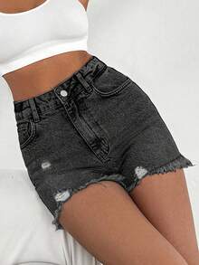 EURMUSE 100%Cotton Mini Heavy Destroy Short With Back Label Detail - Dark Grey - View 7