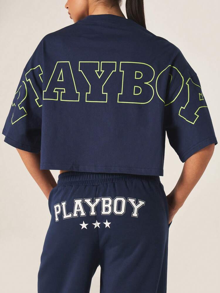 Missguided x Playboy Women's Navy Blue Oversized Graphic Tee With Large Back Print And Small Front Logo Short Sleeve Crop Top