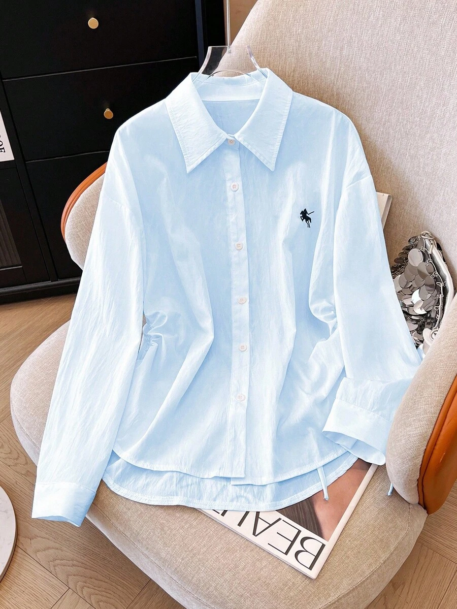 INAWLY Hong Kong Style Sweet Drawstring Design Embroidered Horse Polo Collar Long Sleeve Asymmetrical Shirt, New Arrival Autumn - Blue - View 1