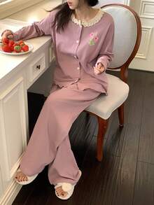 DAZY 2pcs Women's Contrast Trim Floral Print Cardigan & Elastic Waist Loose Pants Pajama Set, Spring - Pink - View 6