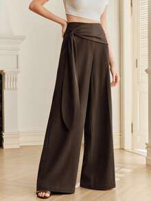 Anewsta Commuting Casual High Waist Flared Ribbon Design Straight Leg Women's Suit Pants - Brown - View 2