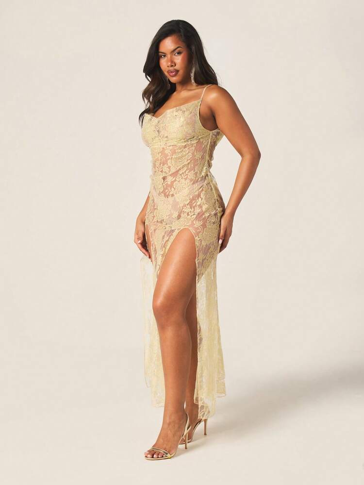 MISSGUIDED Damen Gold Spitze Maxikleid V-Ausschnitt Bodycon Abend Formal Hochzeitsgast Ärmellos Seitenschlitz Langes Abendkleid Elegantes Party Cocktailkleid