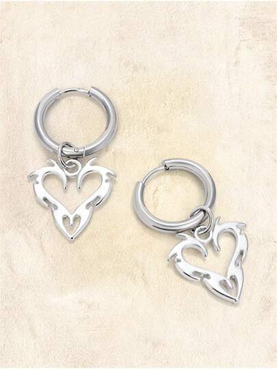 Glisma 1pair Punk Style Heart Shaped Stainless Steel Pendant Earrings, Hip Hop Y2K Accessories, Suitable For Women's Daily Wear Jewelry Valentines