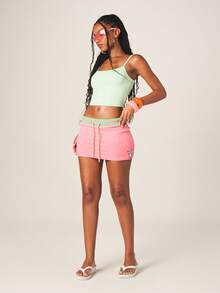 Missguided x Playboy Pink Mini Skirt With Green Striped Waistband Drawstring Closure Bunny Logo Casual Bodycon Summer Bottom - Baby Pink - View 4