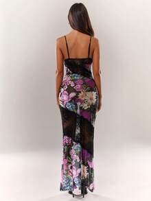 Radiana Women's Sexy Elegant Lace Contrast Mesh Spaghetti Strap Fishtail Dress, Romantic Floral Print Dress, Lace Strap Dress, Mesh Dress, Bodycon Dress, Sheer Dress, Spaghetti Strap Long Dress, Vacation Dress, Beach Dress, Date Dress - Multicolor - View 2