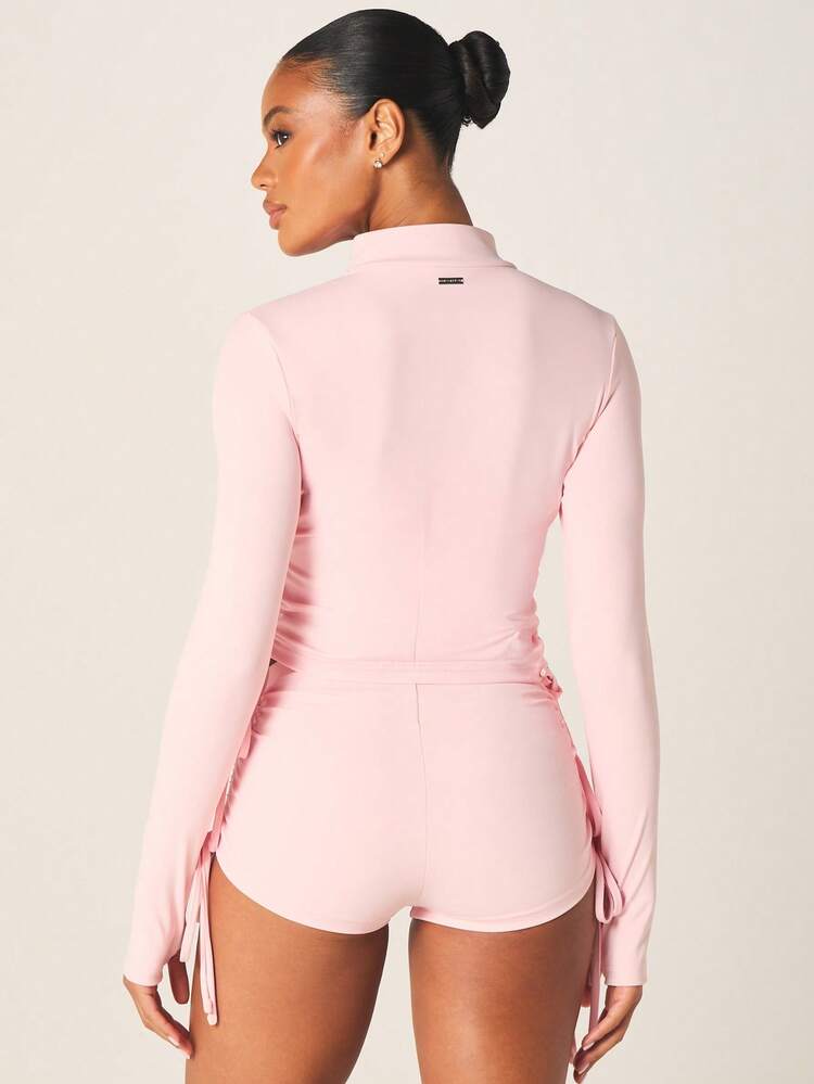 Missguided x Playboy Ruched Side Fitted Zip Up Sports Jacket With Matching High Rise Ruched Drawstring Sports Shorts Two Piece Set