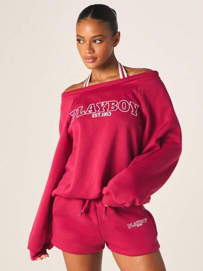 Missguided x Playboy Áo sweatshirt nữ trễ vai in logo, dáng rộng, tay dài, cổ thuyền, kiểu dáng thường ngày, phong cách đường phố.
