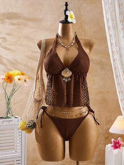 Bellisia Women's Summer Sexy Beach Vacation Style Halter Neck Tie Metal Shell Decor Textured Fabric Tankini Swimwear