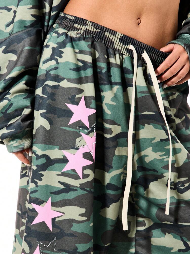 SUMWON Relaxed Camouflage Rhinestone Embellished Long Denim Shorts Baggy Mid Rise Summer Casual Streetwear Style