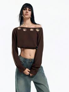 Airlisse Women's Backless Tie Strap Cropped Oblique Shoulder Long Sleeve Sweatshirt, Spring/Summer - Coffee Brown - View 4