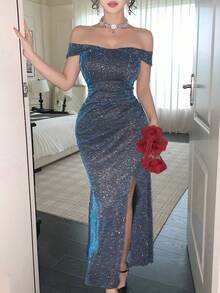 DAZY 女士优雅露肩褶裥鱼尾中长连衣裙，亮面面料，夏季婚礼宾客礼服 - 藍色 - 查看 10