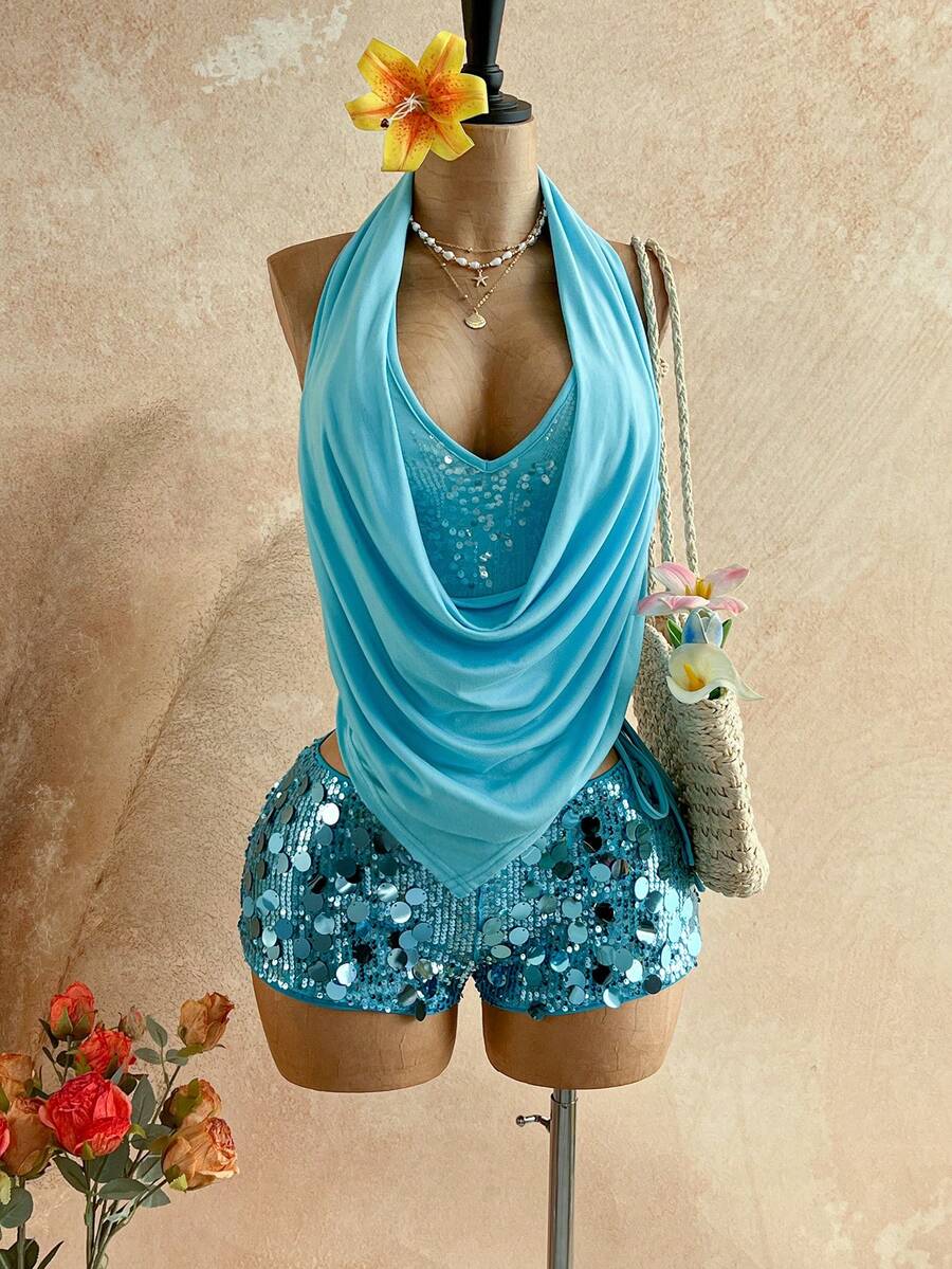 Soleia Women's Sequin Halter Backless Beach Vacation Top - Blue - View 1