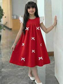 SHEIN 双色编织圆领荷叶边蝴蝶结休闲连衣裙 - 紅色 - 查看 1