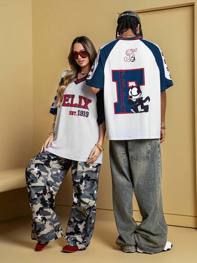 Felix The Cat X SHEIN 1 Áo thun nam cổ chữ V tay ngắn in họa tiết hoạt hình, màu tương phản, phong cách đường phố, thể thao, phong cách cặp đôi
