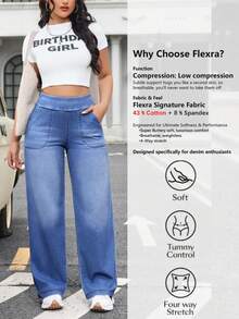 Flexra Quần jeans nữ ống rộng, cạp chun, có túi, dáng rộng thoải mái, đa năng. - Màu xanh lam - Xem 2