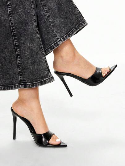 Glitzique 女士时尚高跟鞋，派对，经典尖头，露趾，露跟，金属 PU 皮革，一脚蹬，漆面鞋跟，细高跟，金属风格，夏季，户外，常规，女士香槟色凉鞋，高跟拖鞋，性感