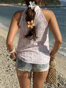 Elyressa Women's Vacation Casual Starfish & Shell Print Halter Shirt - Random Floral Pattern - Pink - View 2
