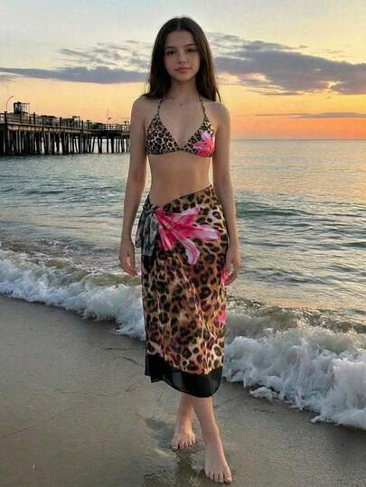 SHEIN Tween Girl Colorful Leopard & Floral Print Contrast Tie-Up 3 PiecesBikini Set, Beach Vacation Vacation Two Piece Set Girls Leopard Print Swim Set Hawaii Teen Girl Outfit