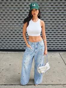 Denimoi Gemstone Embellished Straight Leg Jeans Fashionable Denim Statemen Jeans Rhinestone Jeans - Light Wash - View 4