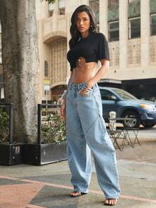 Denimoi 拼接筒状裤腿牛仔裤，时尚街头风筒状牛仔裤，It Girl必备单品 - 淺色水洗藍 - 查看 5