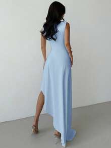 Firerie Đầm dạ hội/đầm dự tiệc cưới thanh lịch tối giản mới dành cho nữ, màu trắng không tay, cổ tròn, xếp ly, thêu họa tiết, dáng maxi bất đối xứng, chất liệu dệt kim, thích hợp cho mùa hè. - Màu xanh nhạt - Xem 6