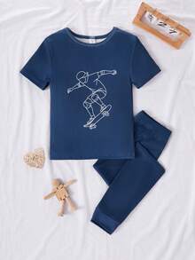 男童滑板印花长袖上衣和紧身裤休闲家居服套装 - 藏蓝色 - 查看 1