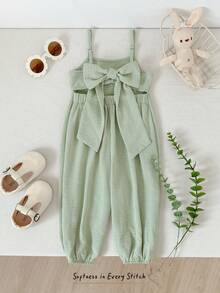 Cozy Pixies Bộ áo liền quần cho bé gái màu trơn, thoải mái, có nơ trang trí, màu xanh lá cây nhạt, chất liệu vải lanh, quần áo trẻ em. - màu xanh lá - Xem 6