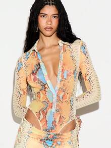 KIZN 女士长袖蛇纹印花深V领连体衣，网纱质感，修身剪裁，适合夜间外出和夜店穿着 - 彩色 - 查看 5