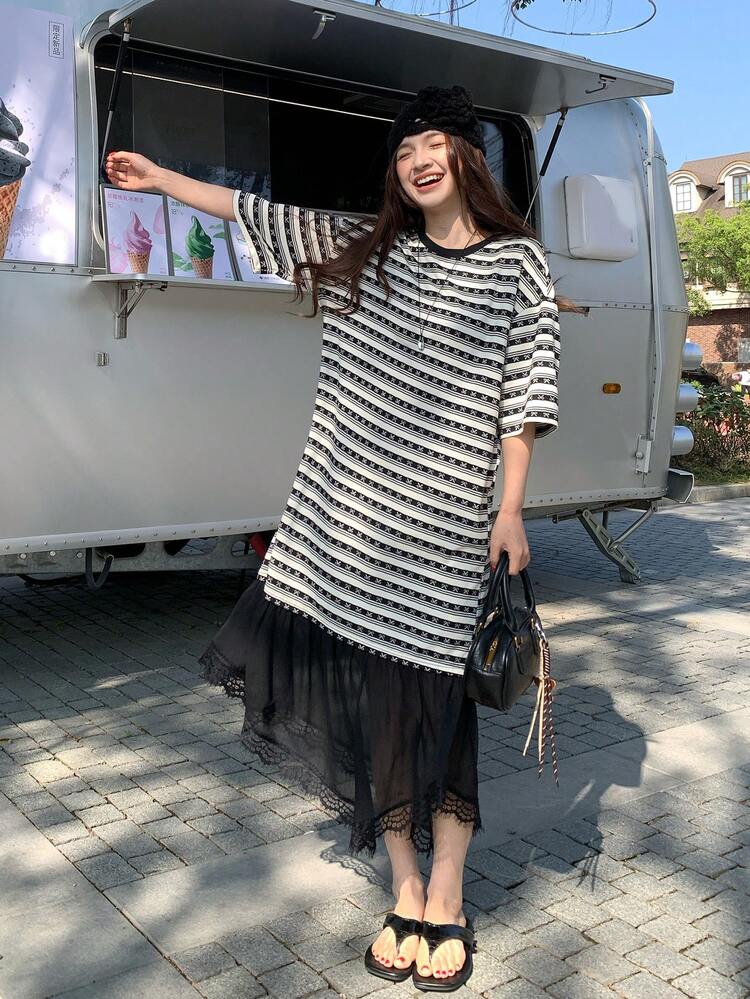 Women's Striped Korean Style Ruffle Hem Casual Dress