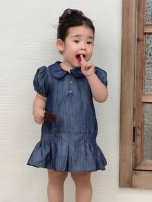 Dazy Kids Áo không tay cổ bẻ bằng vải denim mài cho bé gái kiểu Hàn Quốc - Màu xanh lam - Xem 6