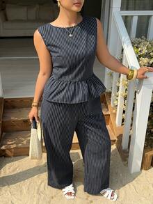 Dazy Plus Plus Size Striped Ruffle Hem Tank Top 2 Pieces Set Summer - Navy Blue - View 8