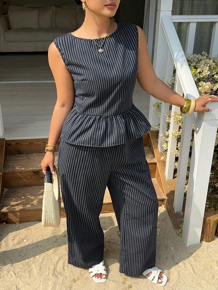 Dazy Plus Plus Size Striped Ruffle Hem Tank Top 2 Pieces Set Summer Lounge Sets For Women