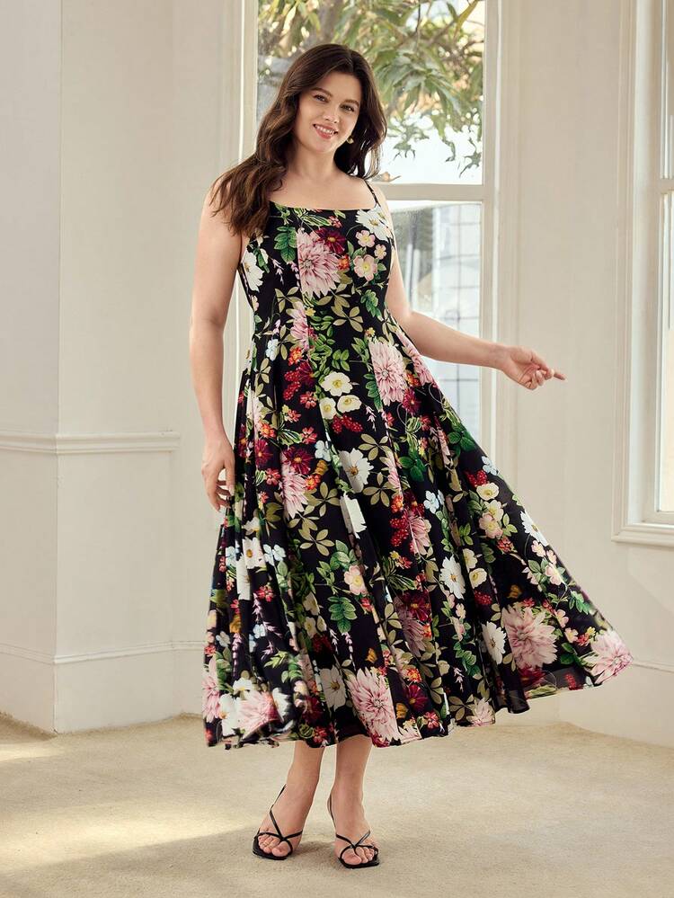 PLUS SIZE ELEGANT FLORAL PRINT RUFFLE DRESS
