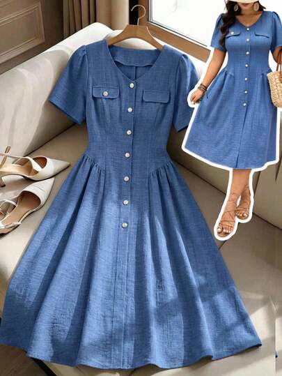 Breezaya 大码女式梭织常规款早春优雅约会/通勤短袖V领金属手工缝制纽扣中长款牛仔蓝连衣裙