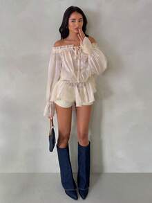 SHEIN Glamour 女士露肩系带性感优雅约会雪纺衬衫，喇叭袖，浅黄色长袖款，休闲衬衫，荷叶边袖口，泡泡袖，略微透视 - 杏色 - 查看 4