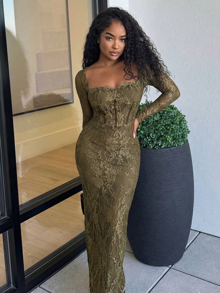 Alexandranx Damen Herbst/Winter Neu Sexy S-förmiges Spitze Langarm Bustier Korsett Meerjungfrau Maxi Bodycon Kleid, geeignet für Party, Date, Abend - Armeegrün - Übersicht 1