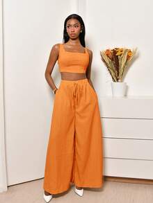 Mima John 全新夏季度假休闲鱼骨吊带上衣和阔腿裤带口袋两件套，纹理面料服装 - B - 橘色 - 查看 1