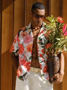AKNOTIC Business Casual 男士白色花卉圖案寬鬆落肩休閒襯衫，夏季波希米亞度假風夏威夷鈕扣式扶桑花熱帶度假穿搭 - 白色 - 查看 6