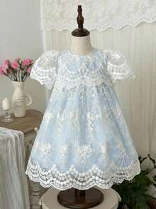 LMoss Kids Vestido casual de malha bordada com gola redonda e cor sólida para menina. - Baby Azul - Ver 3