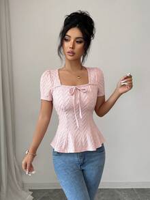 Franclia 女士纯色扭结设计时尚百搭日常短袖T恤 - 粉色 - 查看 4