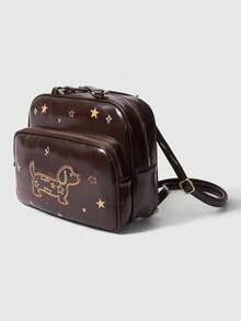 ROMWE Kawaii Fashion Cartoon Embroidery Front Pocket Zipper Multifunctional Shoulder Double Shoulder PU Women's Bag - Coffee - View 3