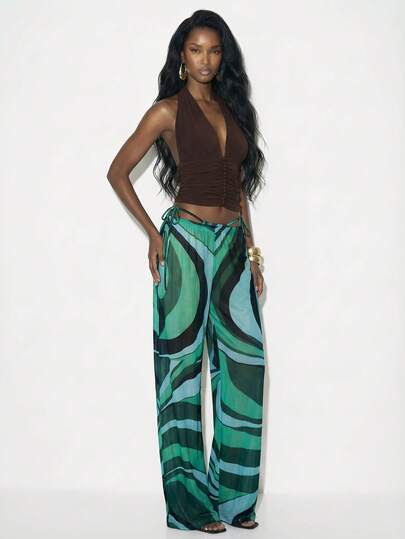 Femmeiva 女士透视网纱波西米亚印花喇叭裤，二合一设计