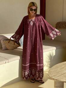 DAZY Vestido midi bohemio de estilo holgado con estampado floral burdeos, adecuado para vestido de playa de vacaciones estilo boho - Burdeos - Ver 4